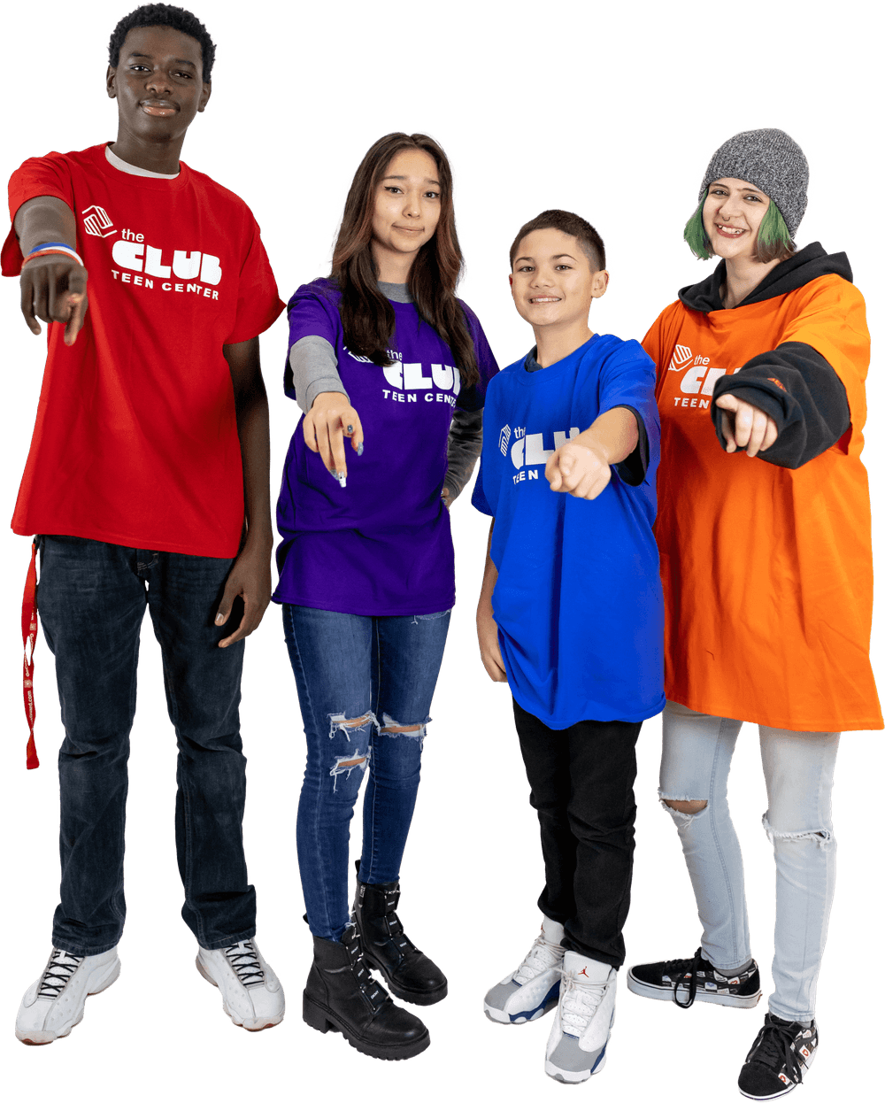 Four teens pointing forward and wearing Boys & Girls Club of Truckee Meadows shirts